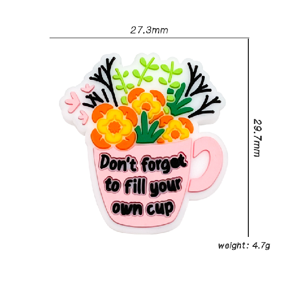 20Pcs Silicone Focal Beads Pink Flower Cup With Printed Text