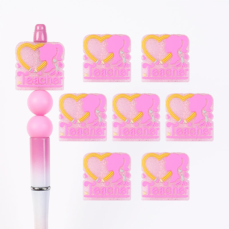 20pcs Silicone Focal Beads Teacher Pink Heart Pencil Detail