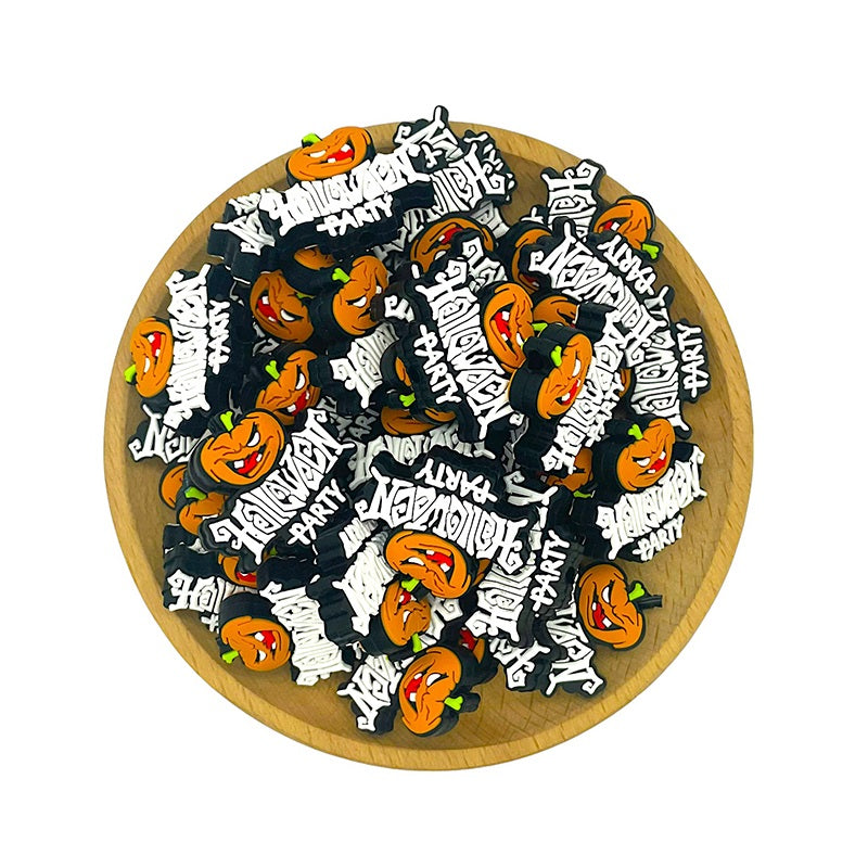 20pcs Silicone Focal Beads Halloween Pumpkin with Halloween Party Text 2