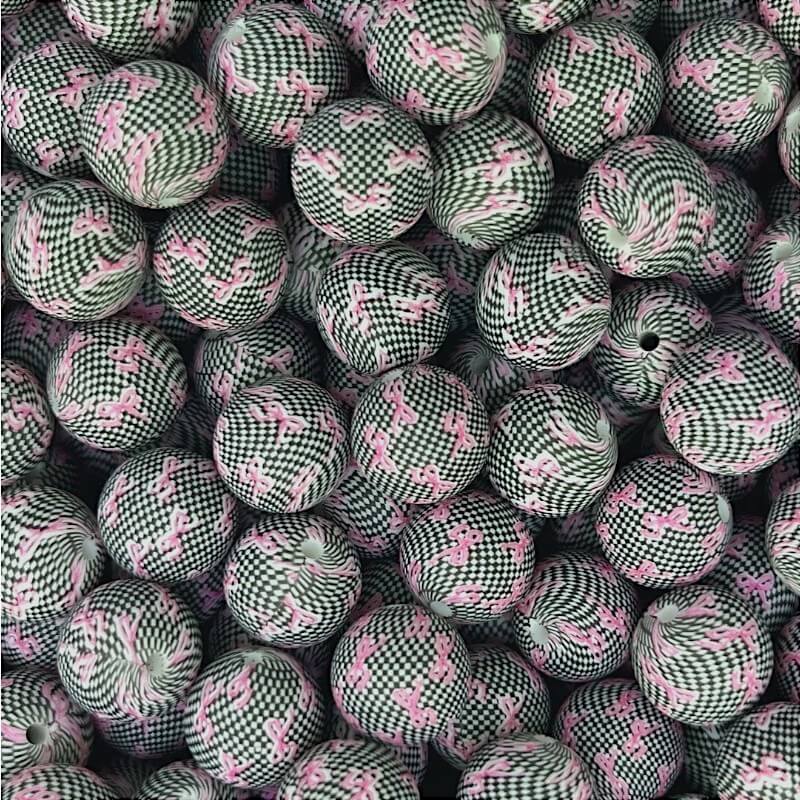 50pcs 15mm Black White Plaid Silicone Beads Bow Print
