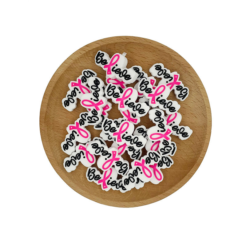 20pcs Silicone Focal Beads Ribbon Letter with Pink Ribbon Detail 3