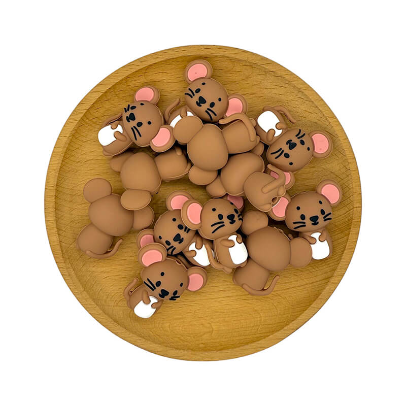 20Pcs Silicone 3D Focal Beads Brown Mouse Front Facing 2
