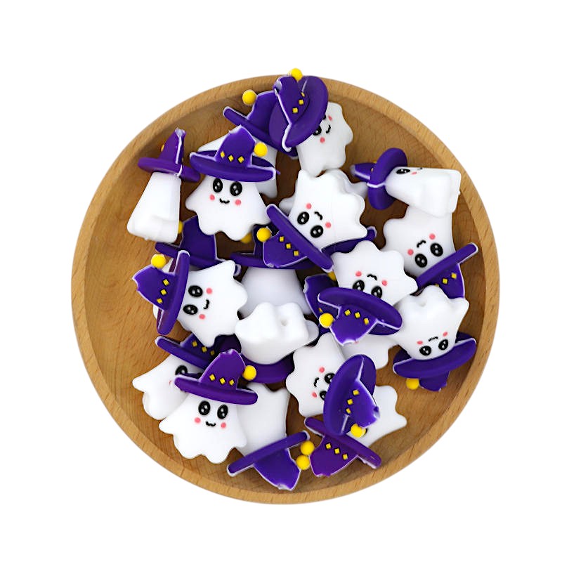 20Pcs Silicone 3D Focal Beads Halloween Witch Genie Ghost with Purple Hat 3