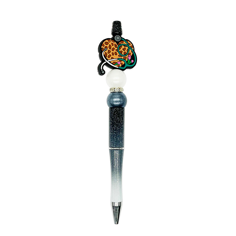 20pcs Silicone Focal Beads Heart Stethoscope With Leopard Print 3