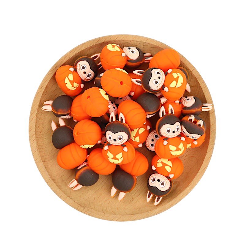 20Pcs Silicone 3D Focal Beads Halloween Pumpkin Labub Character Sitting Pose 3