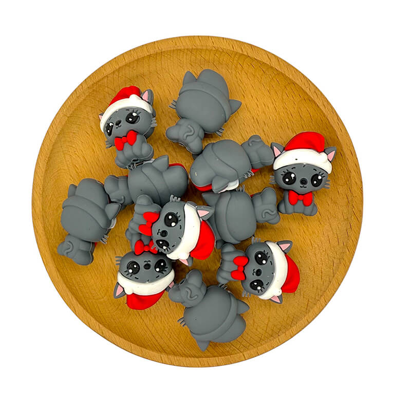 20Pcs Silicone 3D Focal Beads Grey Cat Wearing Red Bow 2