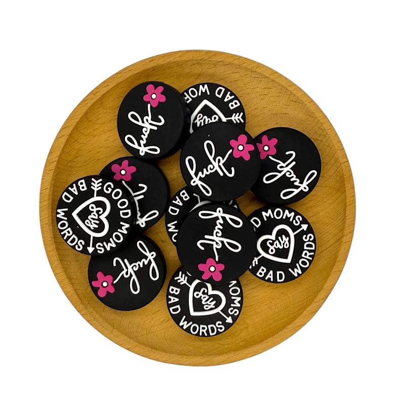 20Pcs Silicone Focal Beads Good Moms Round Printed Text Design 2
