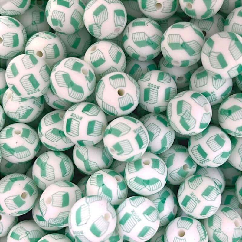 50pcs 15mm Blue Green Stack Of Books Print Silicone Beads Printed Design