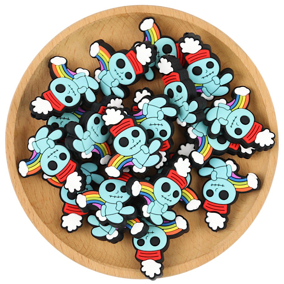 20Pcs Silicone Focal Beads Blue Alien Character Large Ears Embracing Rainbow 3