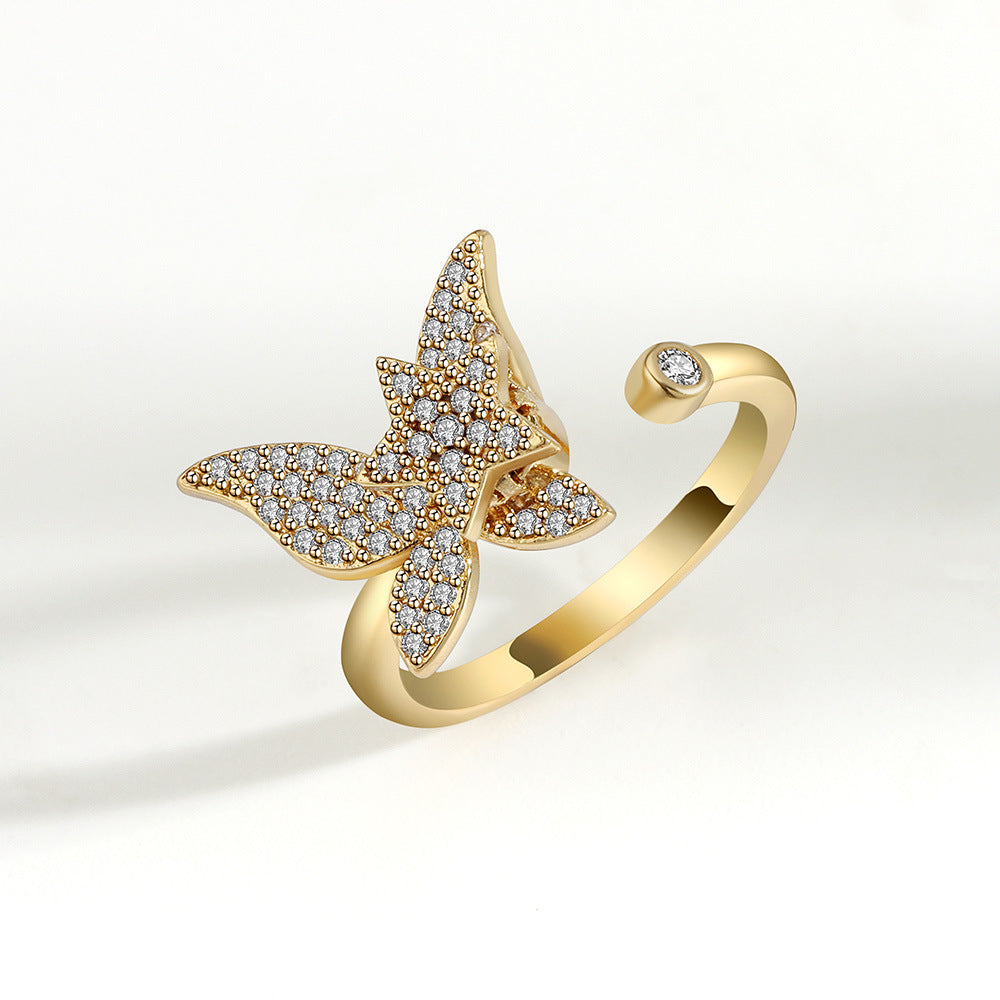 Gold Tone Fidget Ring Adjustable Butterfly Spinner Ring for Women