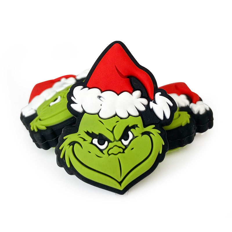 20pcs Silicone Focal Beads Christmas Green Furry Character Scowling Face with Santa Hat 2