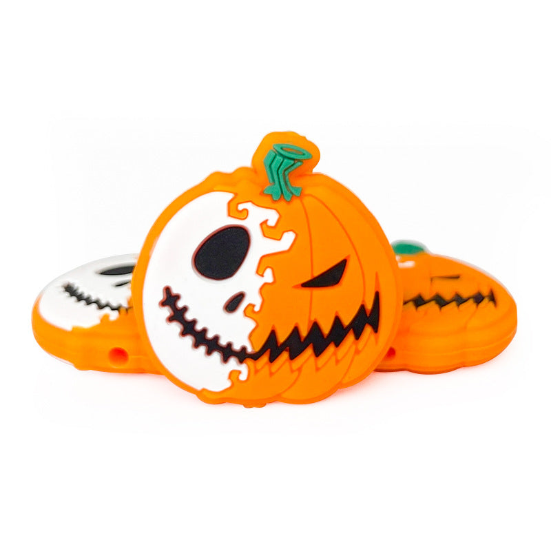 20pcs Silicone Focal Beads Halloween Pumpkin Half Skull Design 3