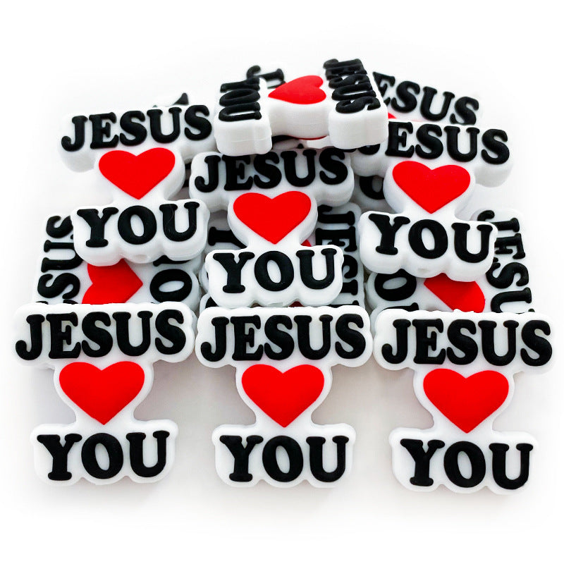 20pcs Silicone Focal Beads Love Jesus Red Heart Print 3