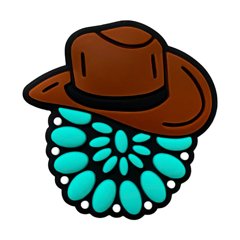 20pcs Silicone Focal Beads Western Brown Hat Turquoise Floral Pattern 5