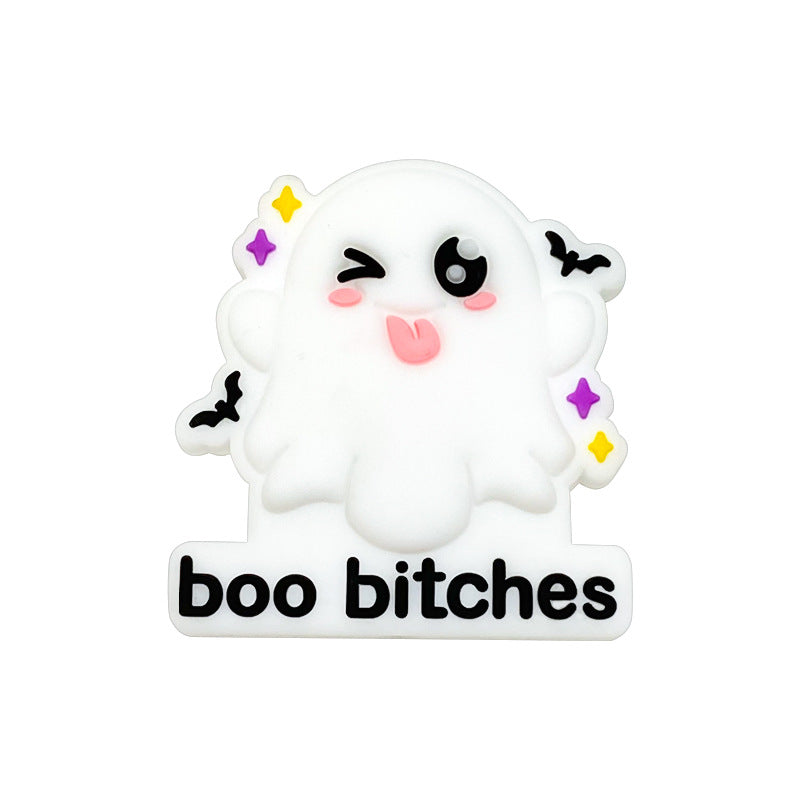 20Pcs Silicone Focal Beads Cartoon Ghost with Text Boo Bitches 5