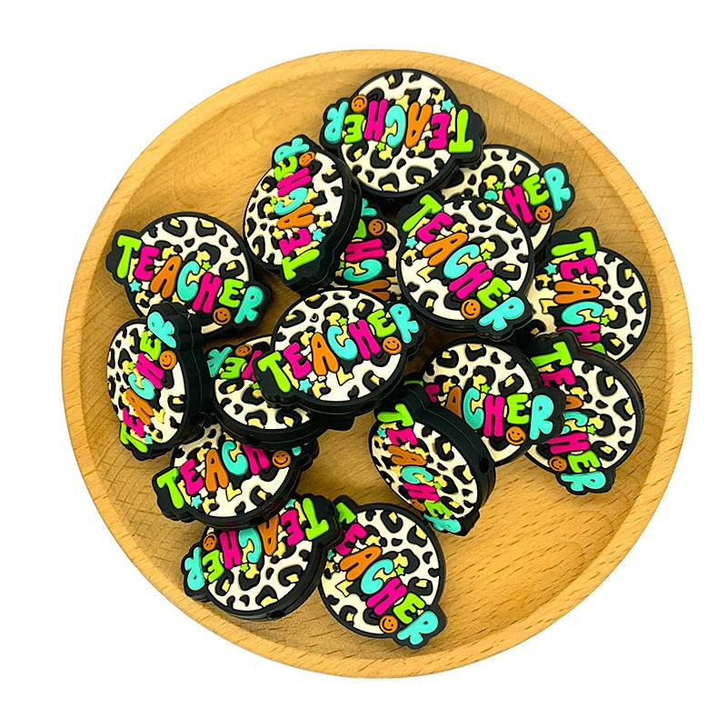 20pcs Silicone Focal Beads Teacher Colorful Lettering Leopard Print Circle 2