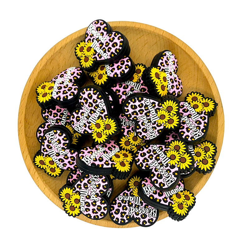 20pcs Silicone Focal Beads Heart Flower Blessed Mama Text Design 2