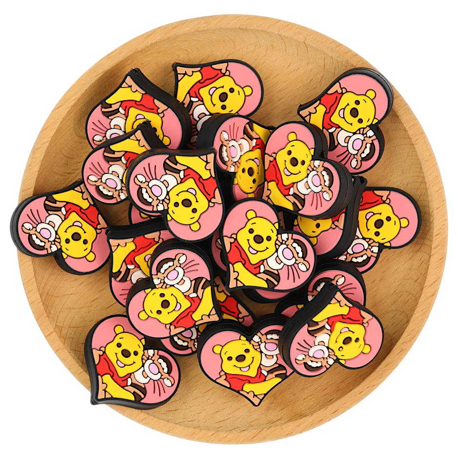 20Pcs Silicone Focal Beads Yellow Bear Round Tummy and Pink Tiger In Heart 3