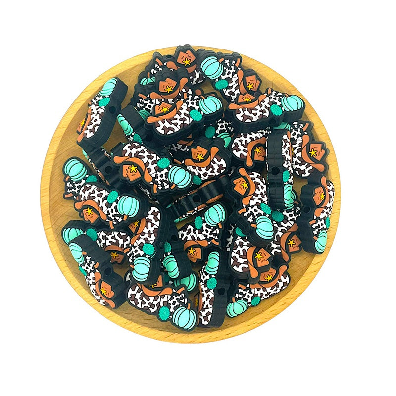 20pcs Silicone Focal Beads Halloween Western Cowboy Pumpkin with Star Badge 2