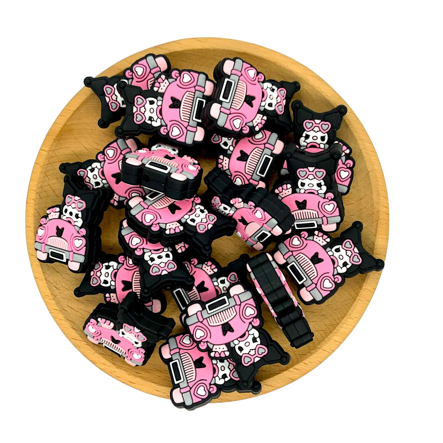 20pcs Silicone Focal Beads Black Rabbit Character Driving Pink Car 2