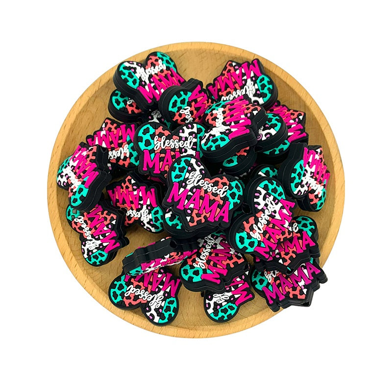 20pcs Silicone Focal Beads Heart Blessed Mama Printed Text 2