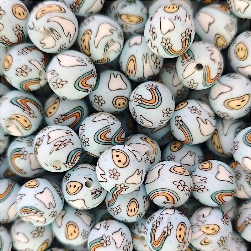 50pcs 15mm Blue Smiling Flower Rainbow Print Silicone Beads