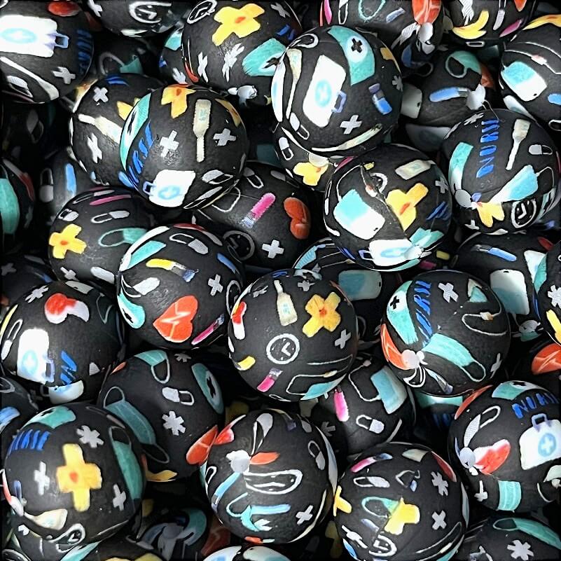 50pcs 15mm Mask Medical Print Silicone Beads