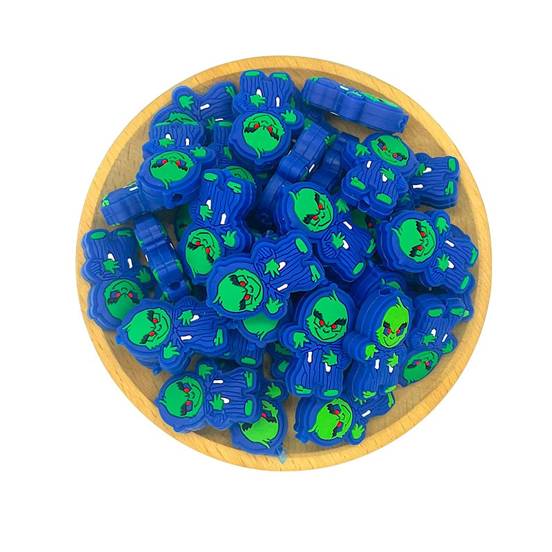 20pcs Silicone Focal Beads Green Furry Character Scowling Face Wearing Striped Suit 2