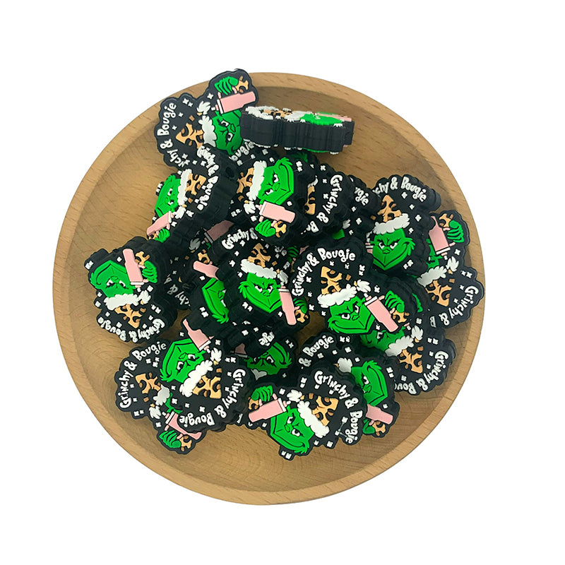 20pcs Silicone Focal Beads Green Furry Character Scowling Face Holding Pink Cup 2