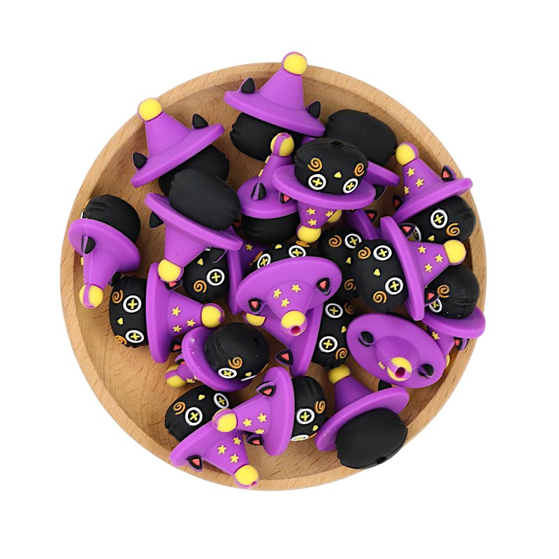 20Pcs Silicone 3D Focal Beads Halloween Black Imp Wearing Witch Hat 3