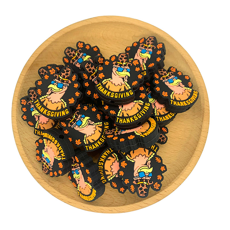 20pcs Silicone Focal Beads Thanksgiving Turkey With Pilgrim Hat and Sunglasses 2