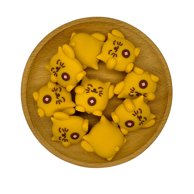 20Pcs Silicone 3D Focal Beads Chubby Smiling Yellow Kitten Front Facing 2