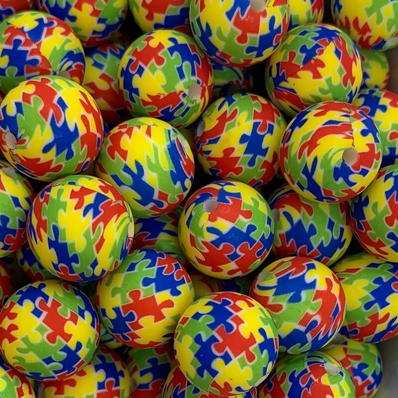 50pcs 15mm Printed Puzzle Silicone Beads Multi Color Design