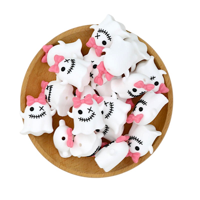 20Pcs Silicone 3D Focal Beads Halloween Bow Ghost Front Facing 3