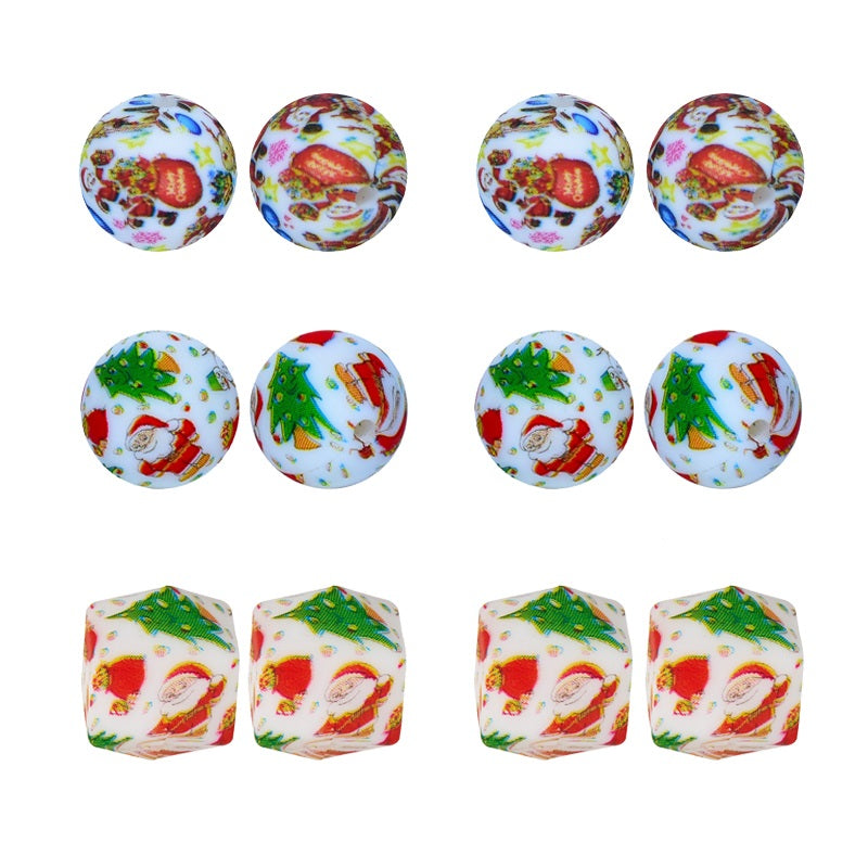 50pcs 12mm 15mm 19mm Christmas Silicone Beads Printed Design