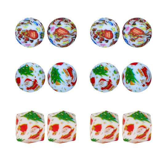 50pcs 12mm 15mm 19mm Christmas Silicone Beads Printed Design