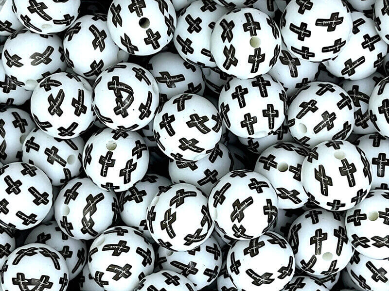 50pcs 15mm Black Cross Print Silicone Beads White Background