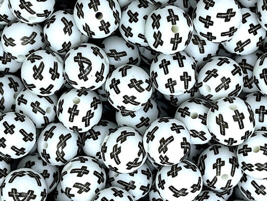 50pcs 15mm Black Cross Print Silicone Beads White Background