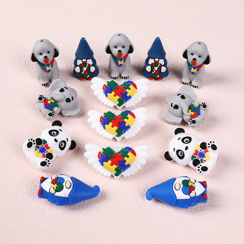 Silicone 3D Focal Beads Autism Pet Love Heart with Puzzle Design 6