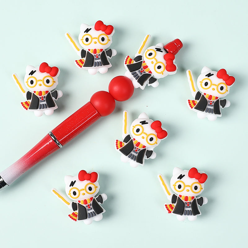 20Pcs Silicone 3D Focal Beads White Cat Wearing Glasses with Red Bow 5