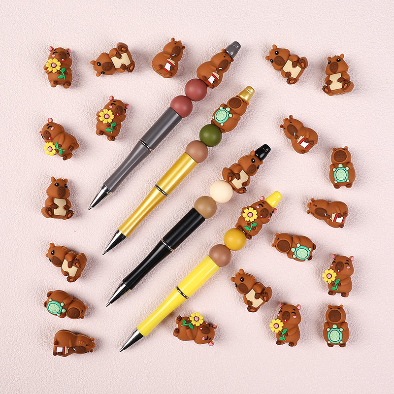 20Pcs Silicone 3D Focal Beads Capybara Holding Flower and Sitting Pose 6