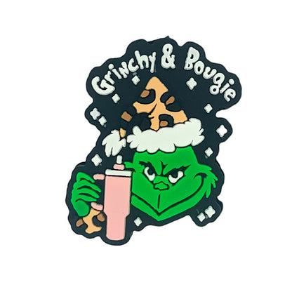 20pcs Silicone Focal Beads Green Furry Character Scowling Face Holding Pink Cup