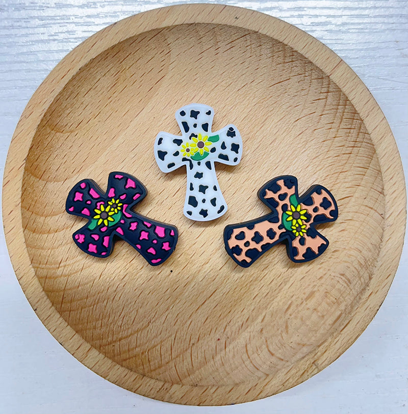 20pcs Silicone Focal Beads Sunflower Cross Pink Spot Pattern 2