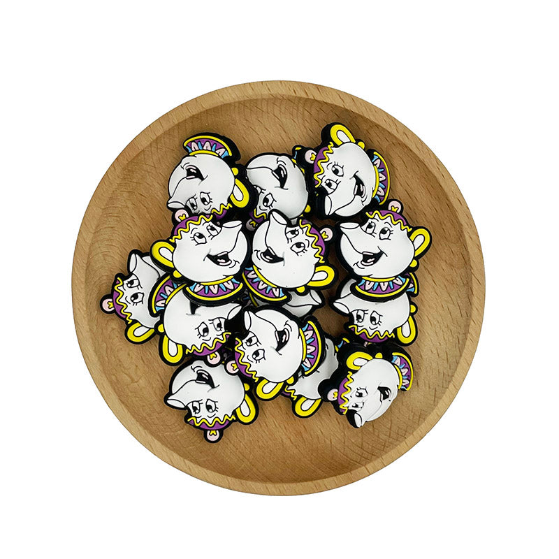 20pcs Silicone Focal Beads White Teapot Character Face Design 2