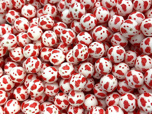50pcs 15mm Apple Print Silicone Beads White Background Red Design