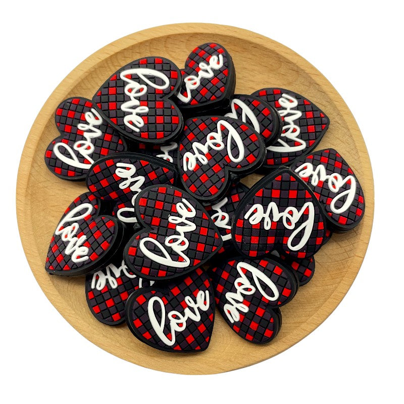 20pcs Silicone Focal Beads Heart Grid Pattern with Love Text 2