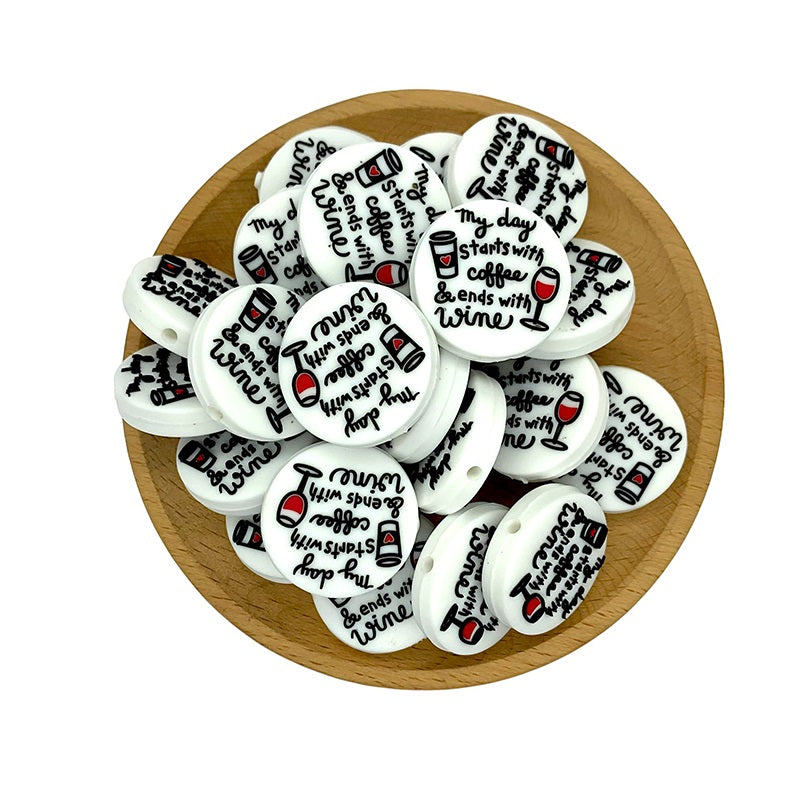 20pcs Silicone Focal Beads Coffee Wine Printed Text Round Flat 2