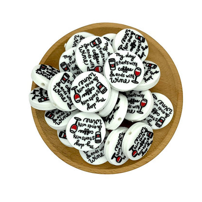 20pcs Silicone Focal Beads Coffee Wine Printed Text Round Flat 2