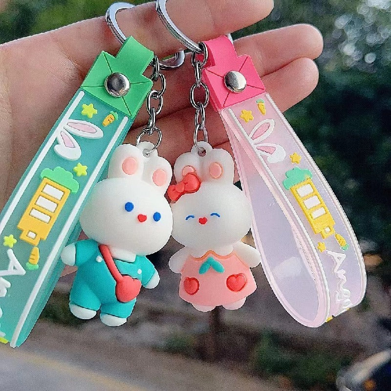 Cartoon White Rabbit Silicone Bead Wristlet Keychain with Strap