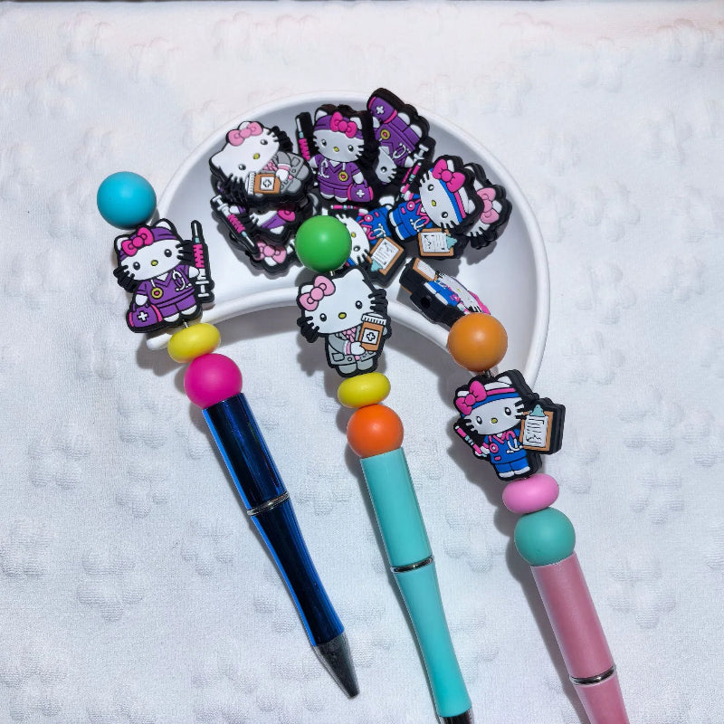 20pcs Silicone Focal Beads White Cat No Mouth Pink Bow Medical Staff